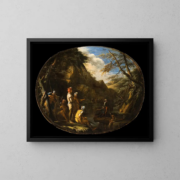 Paesaggio con uomini armati - Salvator Rosa — quadro incorniciato alla parete