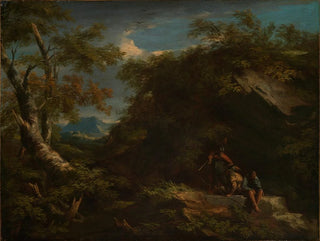 Paesaggio boscoso montano con guerrieri a riposo - Salvator Rosa — vista dell’opera