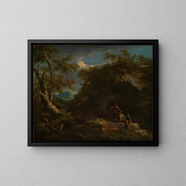 Paesaggio boscoso montano con guerrieri a riposo - Salvator Rosa — quadro incorniciato alla parete