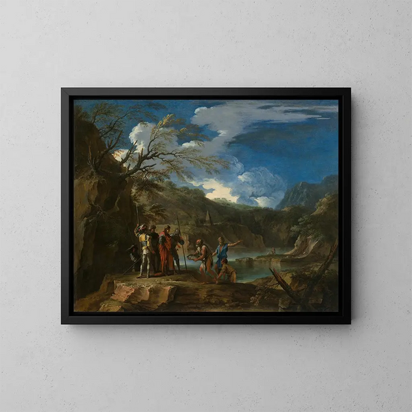 Polycrate e il pescatore - Salvator Rosa — quadro incorniciato alla parete