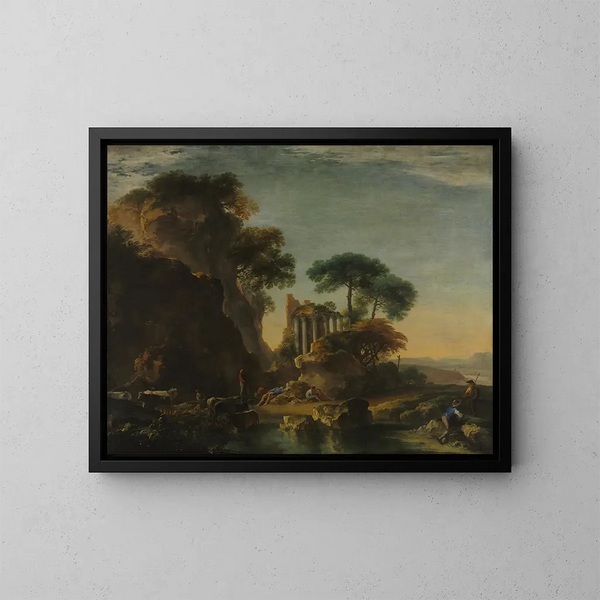 Rovine in un paesaggio roccioso - Salvator Rosa — quadro incorniciato alla parete