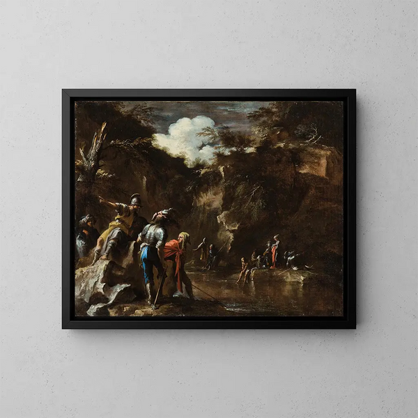Scena della storia greca: Talete facendo scorrere il fiume da entrambi i lati dell'esercito lidio - Salvator Rosa — quadro incorniciato alla parete