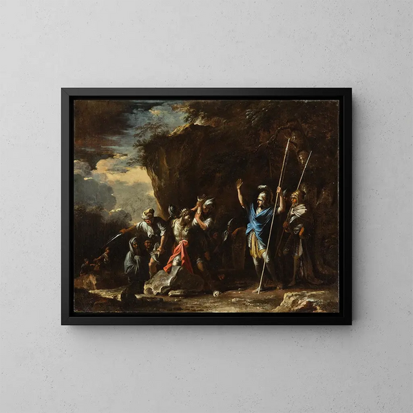 Scena della storia greca: il figlio muto del re Creso impedisce ai Persiani di uccidere suo padre - Salvator Rosa — quadro incorniciato alla parete