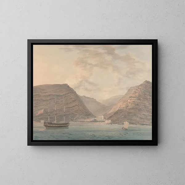 Uomo di guerra in ancoraggio nel porto, montagne sullo sfondo - Samuel Davis — quadro incorniciato alla parete