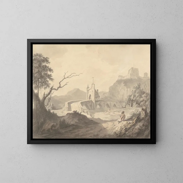 Scène di un fiume e di un ponte con un artista che schizza in primo piano - Samuel Davis — quadro incorniciato alla parete