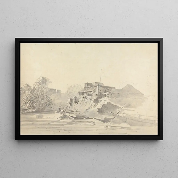 Scène di fiume con edifici indigeni - Samuel Davis — quadro incorniciato alla parete