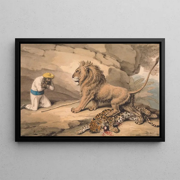 Un leone in piedi su una iena ferita - Samuel Howitt — quadro incorniciato alla parete
