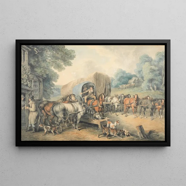 Diligenza che si ferma a una locanda di campagna - Samuel Howitt — quadro incorniciato alla parete