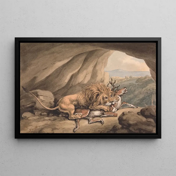 Leone che attacca un cervo - Samuel Howitt — quadro incorniciato alla parete
