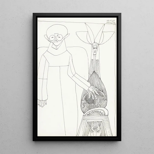 Figura in lungo cappotto con la mano sinistra su un globo - Samuel Jessurun de Mesquita — quadro incorniciato alla parete