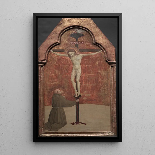 di San Francesco inginocchiato davanti al Cristo sulla Croce - Sassetta — quadro incorniciato alla parete