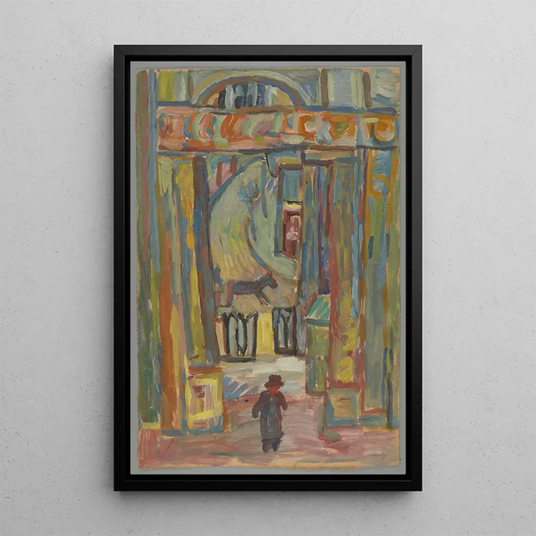 Uomo davanti l'ingresso del giardino - Sasza Blonder — quadro incorniciato alla parete