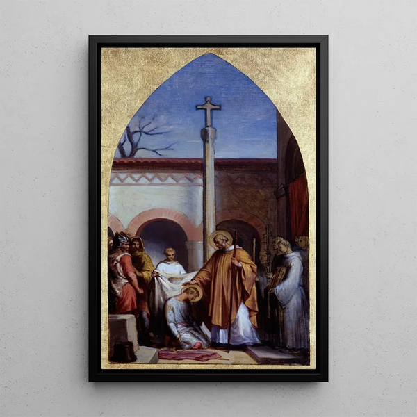 Saint Séverin le solitaire donnant l'habit monastique à saint Cloud - Sébastien Melchior Cornu — quadro incorniciato alla parete