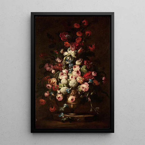Bouquet floral élaboré dans un vase sur pied - Ecole de Bartolomeo Bimbi — quadro incorniciato alla parete
