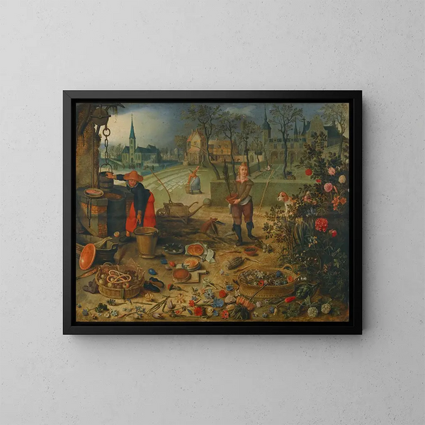 Un'allegoria della primavera - Sebastian Vrancx — quadro incorniciato alla parete