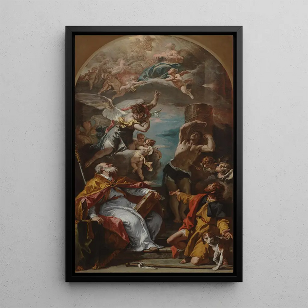 Gloire de la Vierge avec l'archange Gabriel et les saints Eusèbe, Roch et Sébastien - Sebastiano Ricci — quadro incorniciato alla parete