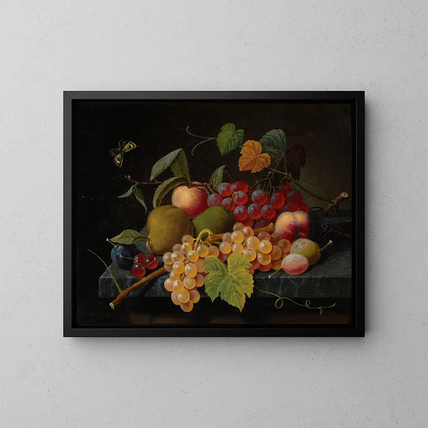 Nature morte di frutti con una farfalla - Severin Roesen — quadro incorniciato alla parete