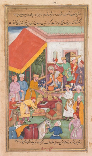 Shravana - Timur distributes gifts from his grandson the Prince of Multan from a Zafarnama Book of Victories.webp