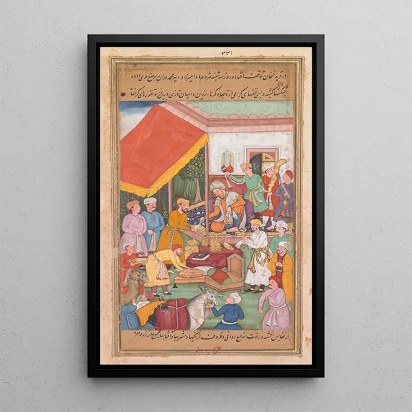 Timur distribuisce i regali del suo nipote, il Principe di Multan, da un Zafarnama Libro delle Vittorie - Shravana — quadro incorniciato alla parete