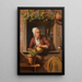 Una contadina che annaffia un vaso di fiori su un tavolo di legno con vista all'interno della sua casa sullo sfondo - Simon Besanger — quadro incorniciato alla parete