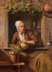 Una contadina che annaffia un vaso di fiori su un tavolo di legno con vista all'interno della sua casa sullo sfondo - Simon Besanger — vista dell’opera