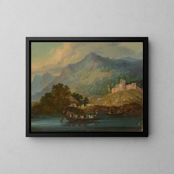 Paesaggio ondulato con figure in una barca sul fiume Gange - Sir Charles D'Oyly — quadro incorniciato alla parete