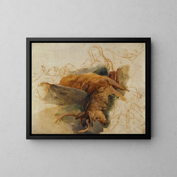 Un cervo morto con figure abbozzate di un guardaboschi e di cani - Sir Edwin Henry Landseer — quadro incorniciato alla parete