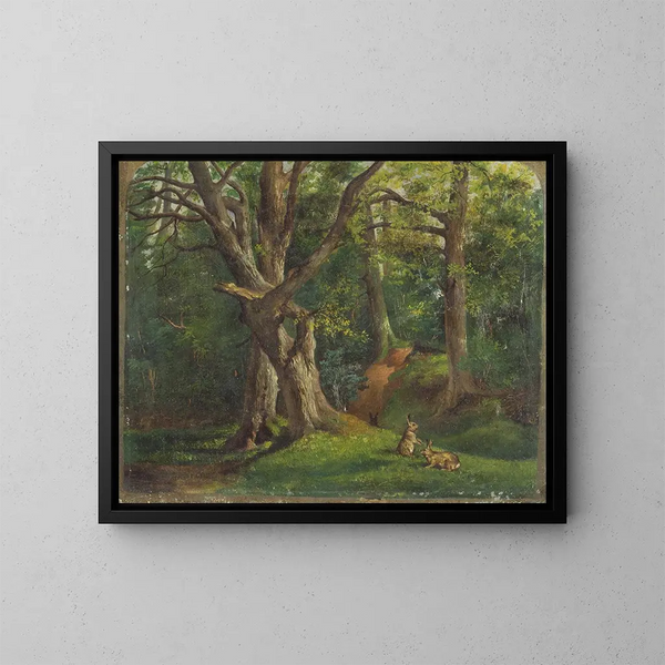 Scène forestière con conigli - Sir Hubert von Herkomer — quadro incorniciato alla parete