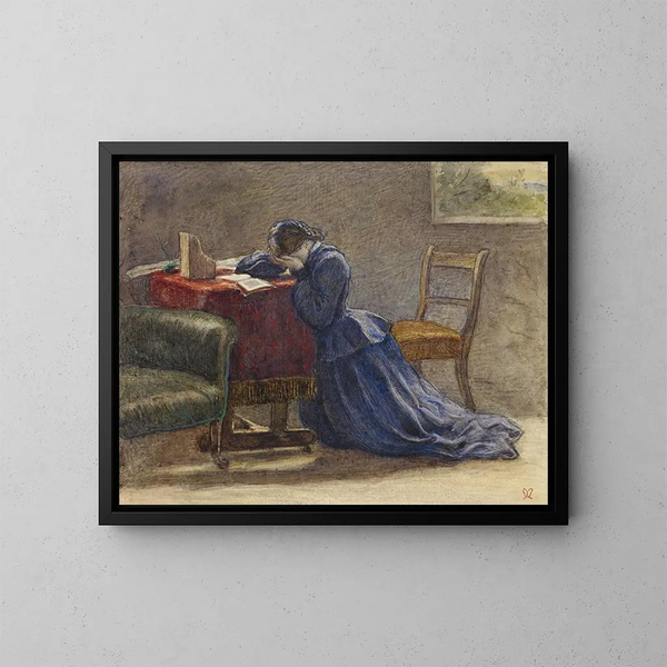 Una donna che tiene il volto con entrambe le mani, inginocchiata sul tappeto - Sir John Everett Millais — quadro incorniciato alla parete