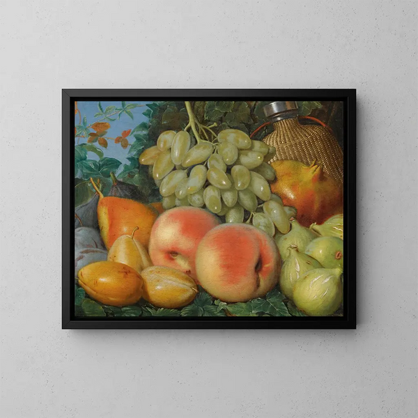 Nature morte con fichi, prugne, una pera, uva bianca e una fiasca - Scuola spagnola — quadro incorniciato alla parete