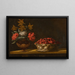 Natura morta con un vaso di fiori e un cesto di fragole su un tavolo - Scuola spagnola — quadro incorniciato alla parete