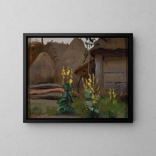 Studio di paesaggio: Mufloni davanti a un cottage - Stanisław Straszkiewicz — quadro incorniciato alla parete