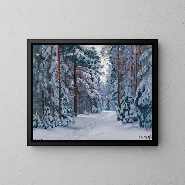 Sentiero nel bosco innevato - Stanisław Żukowski — quadro incorniciato alla parete