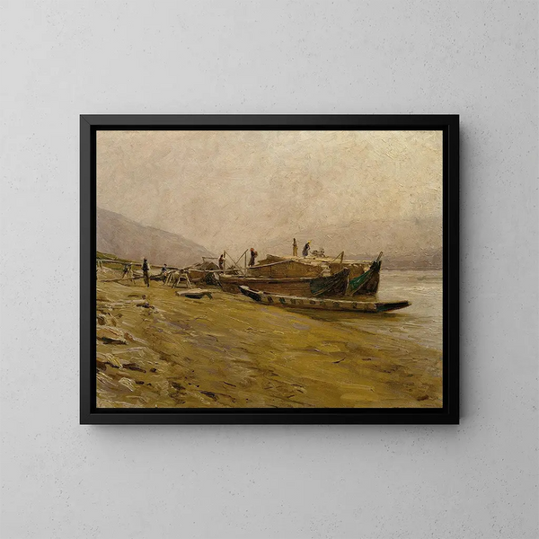 Bateaux di rimorchio sul Danubio vicino a Spitz - Stefan Simony — quadro incorniciato alla parete