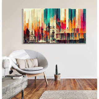 Tableau Abstrait – Fusion Urbaine Chromatique | Affiche Murale Colorée aux Formes Verticales et Architecture Stylisée | Déco Moderne pour Salon ou Loft