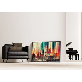 Tableau Abstrait – Fusion Urbaine Chromatique | Affiche Murale Colorée aux Formes Verticales et Architecture Stylisée | Déco Moderne pour Salon ou Loft