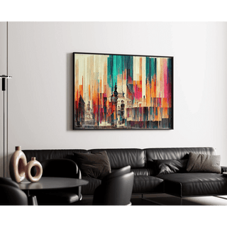 Tableau Abstrait – Fusion Urbaine Chromatique | Affiche Murale Colorée aux Formes Verticales et Architecture Stylisée | Déco Moderne pour Salon ou Loft