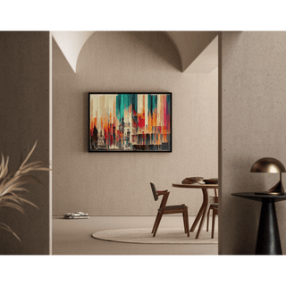 Tableau Abstrait – Fusion Urbaine Chromatique | Affiche Murale Colorée aux Formes Verticales et Architecture Stylisée | Déco Moderne pour Salon ou Loft