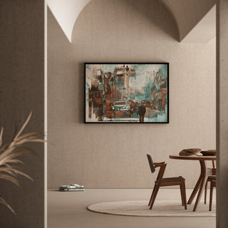 Tableau Abstrait – Réminiscence Urbaine | Affiche Murale Vintage et Contemporaine aux Teintes Rouille et Turquoise | Déco de Caractère pour Salon ou Bureau