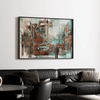 Tableau Abstrait – Réminiscence Urbaine | Affiche Murale Vintage et Contemporaine aux Teintes Rouille et Turquoise | Déco de Caractère pour Salon ou Bureau