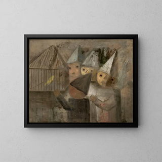 Bambini davanti a una gabbia con un canarino - Tadeusz Makowski — quadro incorniciato alla parete