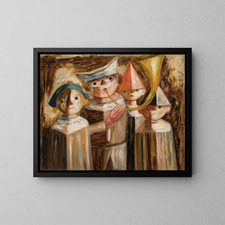 Quattro bambini con una tromba - Tadeusz Makowski — quadro incorniciato alla parete