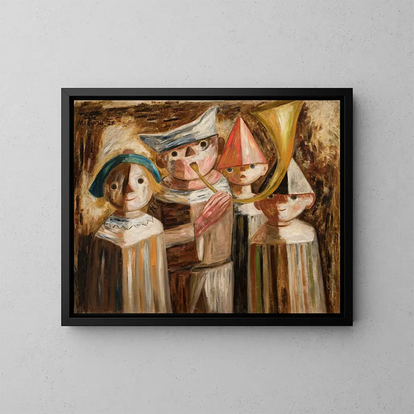 Quattro bambini con una tromba - Tadeusz Makowski — quadro incorniciato alla parete