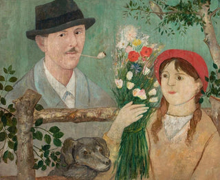 Tadeusz Makowski - Idyll beside a fence Selfportrait girl with flowers and dog.webp