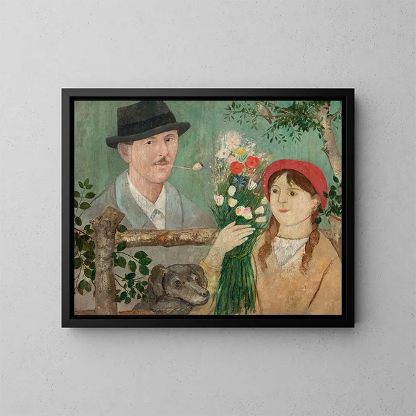 Idylle près d'une clôture, autoportrait di una ragazza con fiori e un cane - Tadeusz Makowski — quadro incorniciato alla parete
