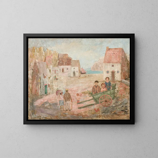 Paesaggio di una piccola città con bambini in passeggino - Tadeusz Makowski — quadro incorniciato alla parete