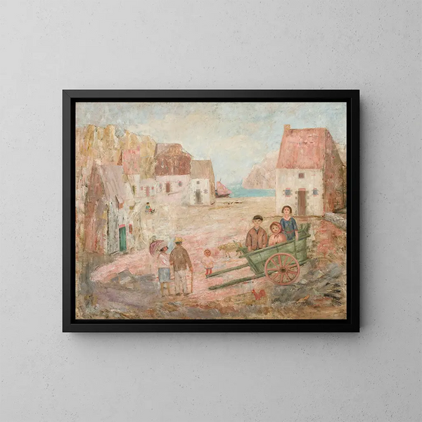 Paesaggio di una piccola città con bambini in passeggino - Tadeusz Makowski — quadro incorniciato alla parete