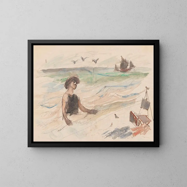 Lettera a Maria Mickiewiczwna con un disegno autoritratto dell'artista che si immerge nel - Tadeusz Makowski — quadro incorniciato alla parete