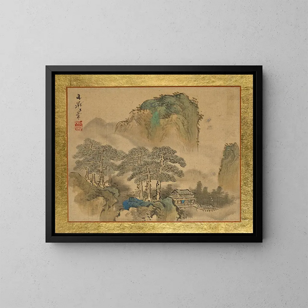 Una casa accanto a pini davanti a montagne - Tani Bunchō — quadro incorniciato alla parete