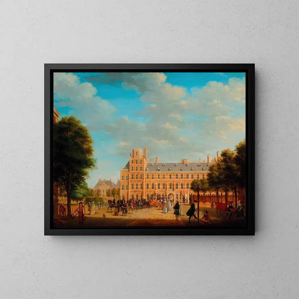 Vista de L'Aia con il principe Guglielmo V e il duca Luigi Ernesto di Brunswick-Lunebourg che lasciano il Buitenhof - Tethart Philip Christian Haag — quadro incorniciato alla parete